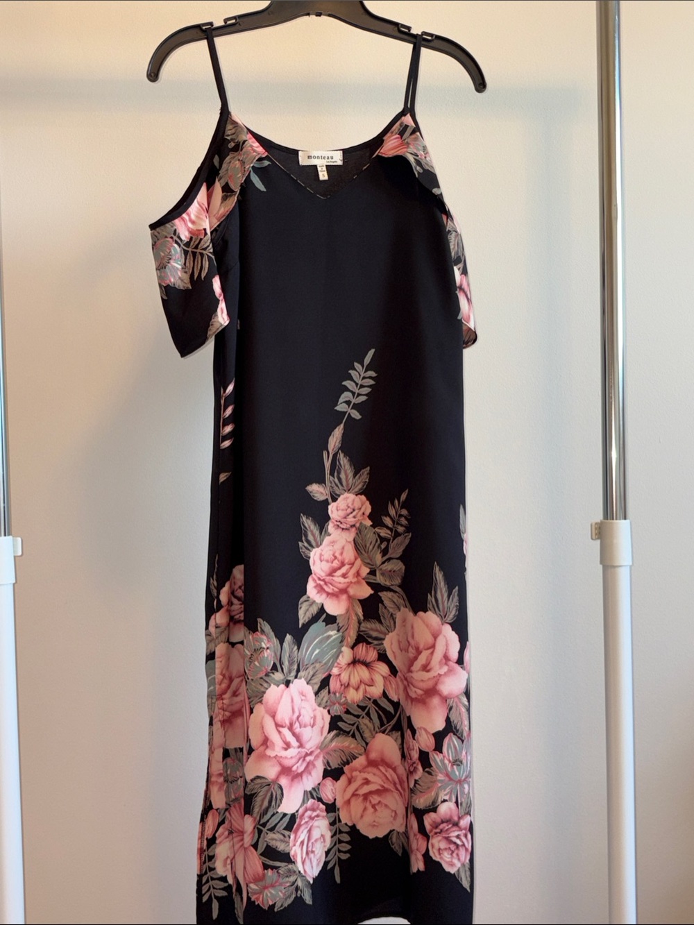 Monteau Black Midi Dress with Pink Floral Print Cold Shoulder.